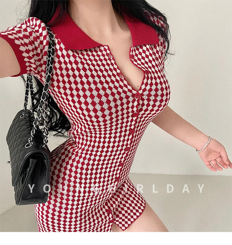 American Style Diamond Checkered Lapel Single Breasted Slim Short Sleeved Dress Elegant Tight Thin Dress T Shirt Mini Dress X0P7