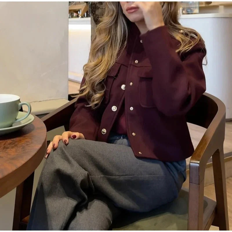 Elegant Women's Burgundy Cropped Jacket Female Stand Collar Single Breasted Full Sleeve Pocket Coat 2024 Autumn Lady Outwear New