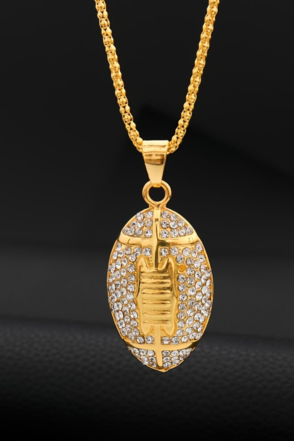 Gold Plated Rhinestone Rugby Football Pendant Necklace