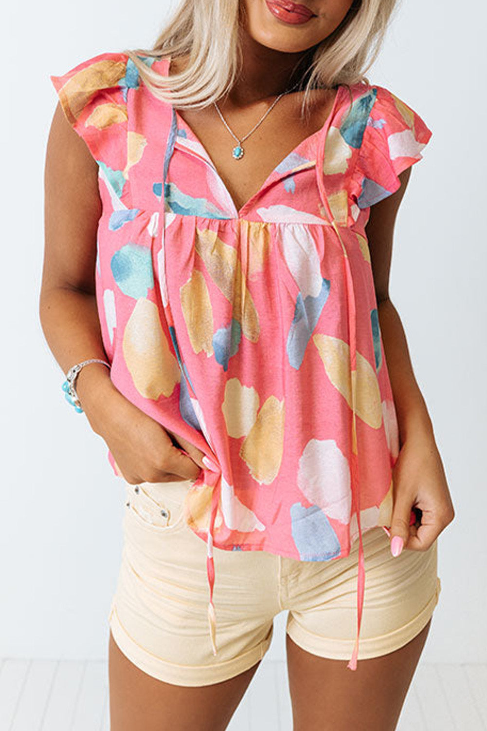 Pink Splotches Pattern Ruffled Cap Sleeve Shift Top