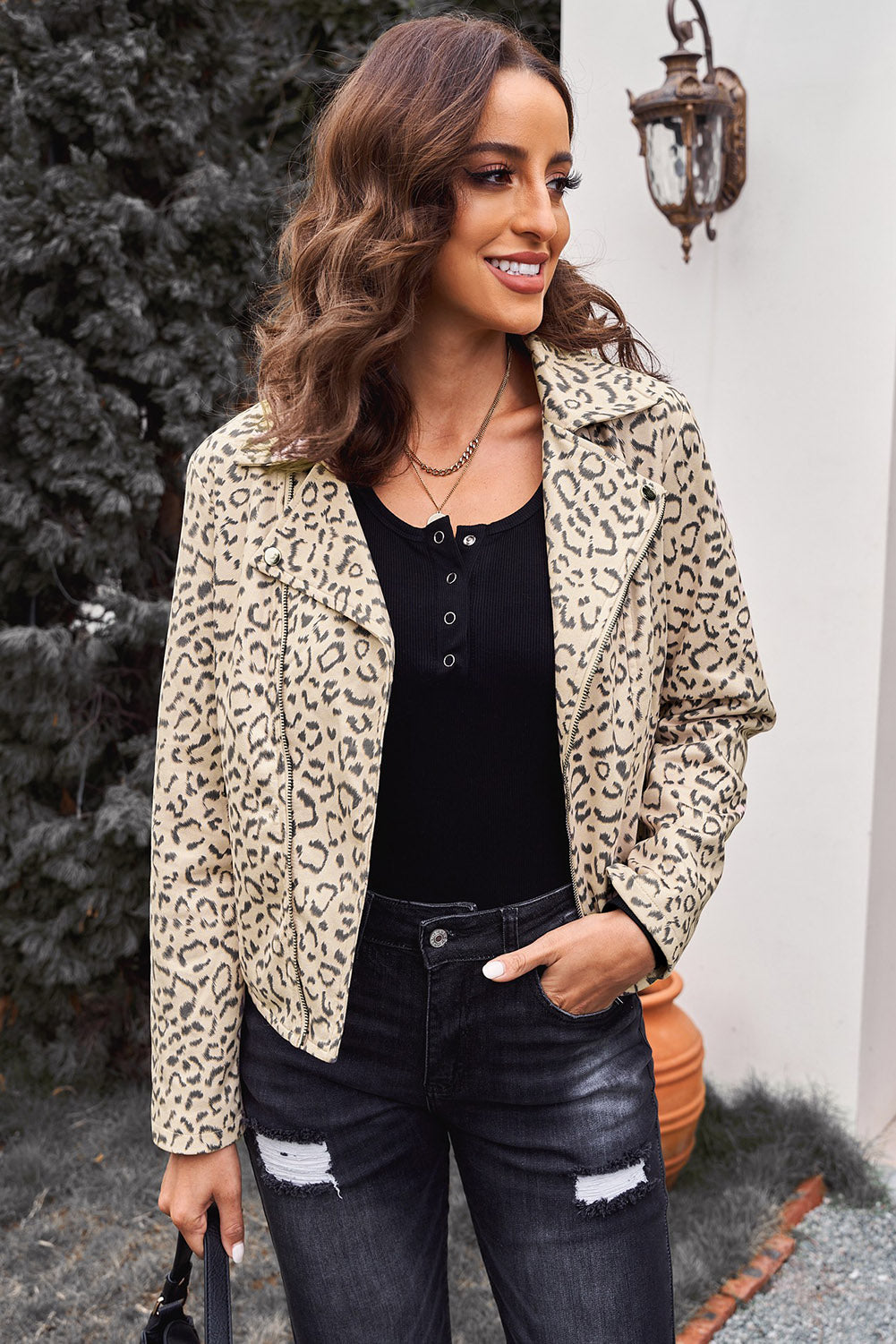 Leopard Print Zipper Lapel Collar Jacket