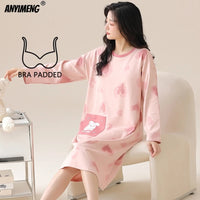 M-5XL Plus Size Autumn Spring Women Long Nightgowns Pullover Loose Bra Padded Sleepshirt Casual Cotton Nightdress Leisure Shirt