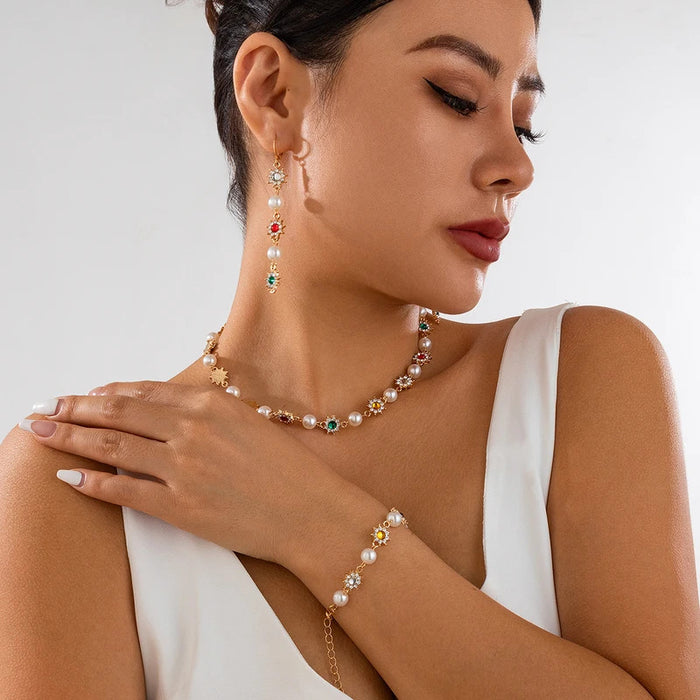 SHIXIN Luxury Shinny Colorful Rhinestone Short Necklace Bracelet Earrings Women Imitation Pearl Choker Christmases Jewelry Set