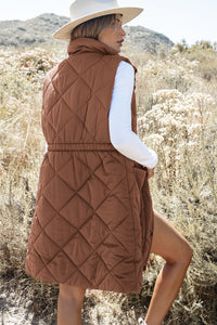 Coffee Longline Quilted Stand Collar Puffer Vest