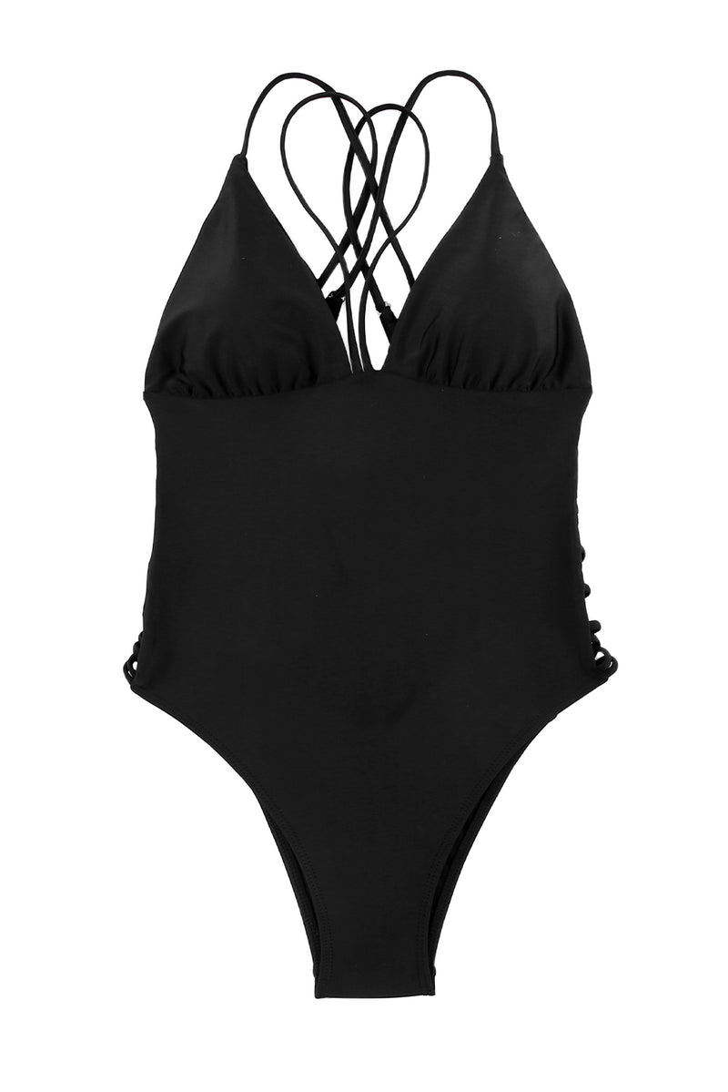 Black Criss Cross Backless Deep V Neck One Piece Swimsuit