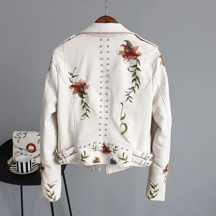 Women Floral Print Embroidery Faux Soft Leather Jacket Coat Turn-down Collar Casual Pu Motorcycle Black Punk Outerwear