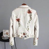 Women Floral Print Embroidery Faux Soft Leather Jacket Coat Turn-down Collar Casual Pu Motorcycle Black Punk Outerwear