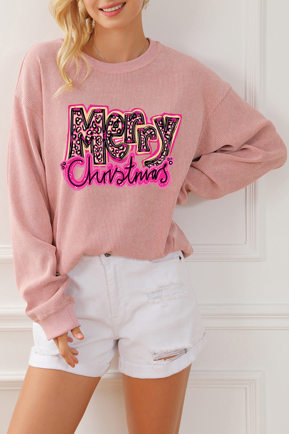 Pink Merry Christmas Letter Graphic Corded Sweatshirt