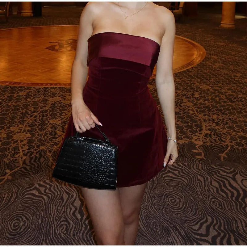 Elegant Burgundy Slash Neck Women Slim Dress Sexy Sleeveless Backless A-line Mini Dresses Retro Women Evening Club Party Vestido