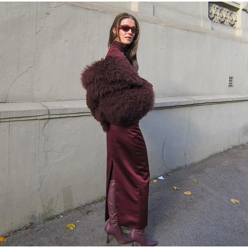 Retro Burgundy Tassels  Faux Fur Long Sleeves Short Coat Elegant Loose Turn-down Collar Jacket 2024 New Woman High Street Coats