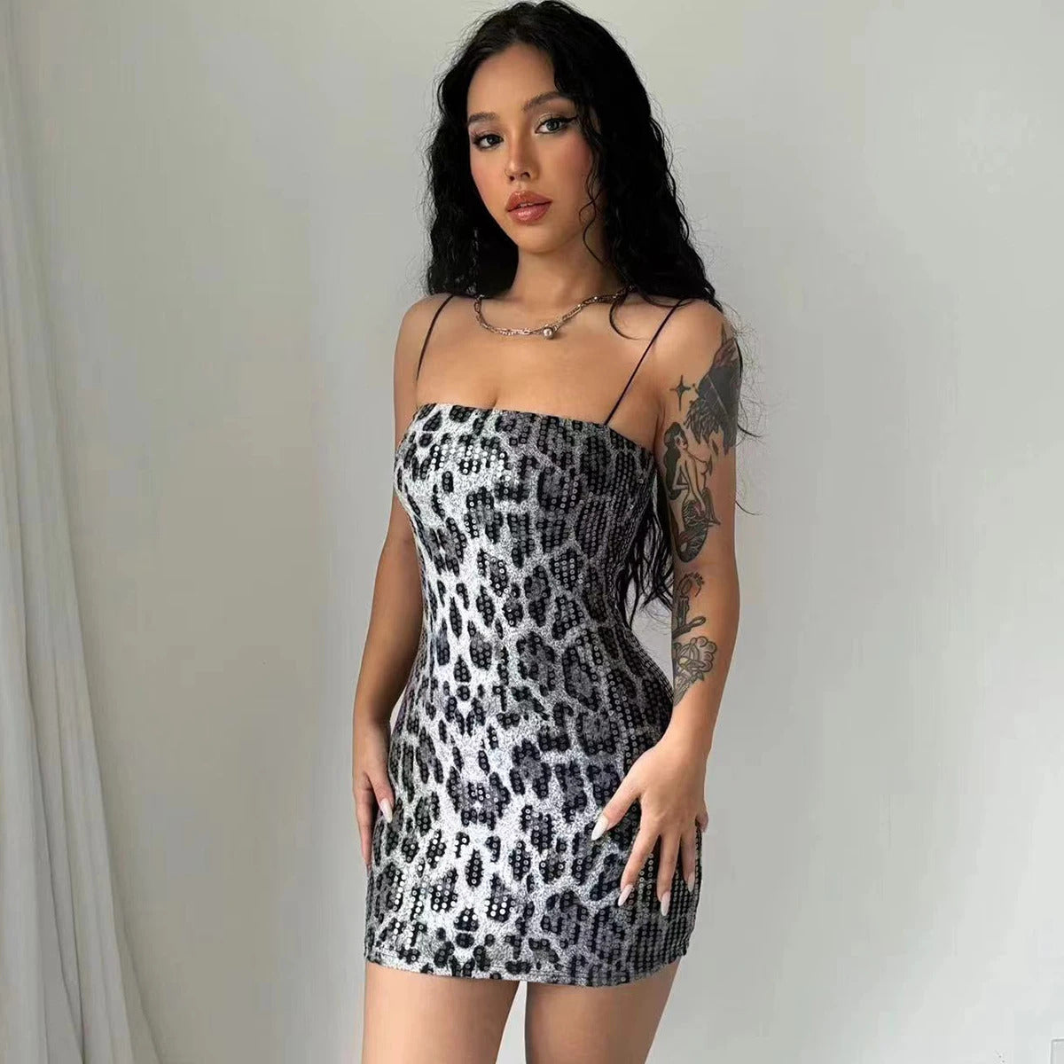 Dulzura Leopard Print Spaghetti Shoulder Strap Square Collar Mini Dress Sparkly Sequins 2023 Summer Women Party Club Y2K Clothes