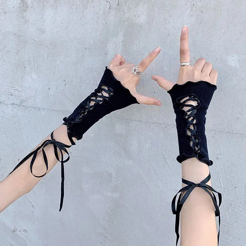 Women Lolita Jk Lace Fingerless Gloves Black Gothic DIY Strapping Sunscreen Sleeve Clothing Accessories Elastic Mesh Punk Gloves