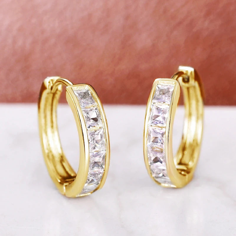 Huitan Classic Design Women Hoop Earrings Full with Princess Square CZ Simple and Elegant Female Accessories Versatile Jewelry