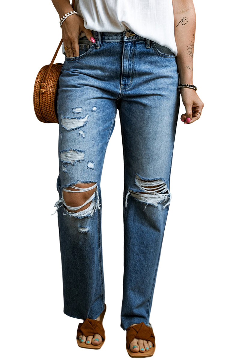 Light Blue Distressed Holes Raw Edge Straight Jeans