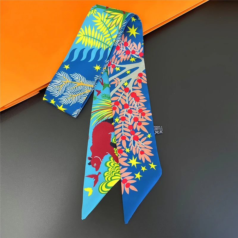 2024 Brand Design Zebra In Flowers Women Scarf Luxury Silk Scarf Fashion Hair Headband Foulard Skinny Bag Scarves Neckerchief