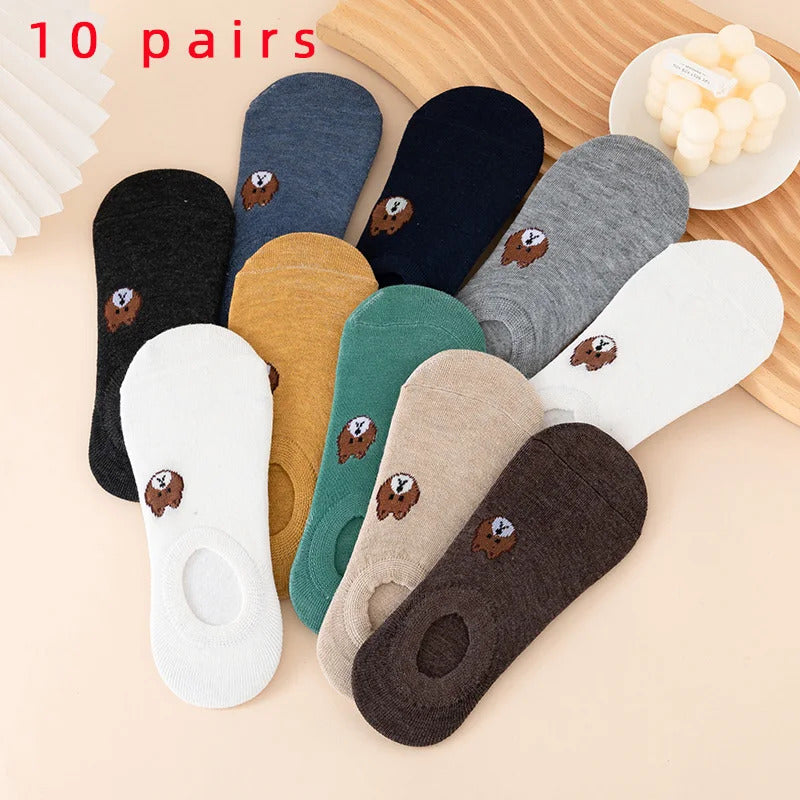 3/5/6/10 Pairs of WOMEN and MEN Cotton Socks, Casual Breathable Short Socks, and Girls' Cartoon Bear Low Cut Ankle Boat Socks