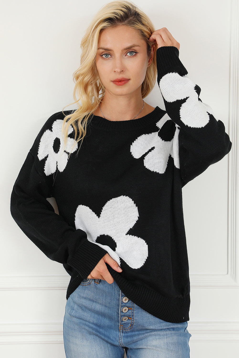 Big Flower Pattern Knit Sweater