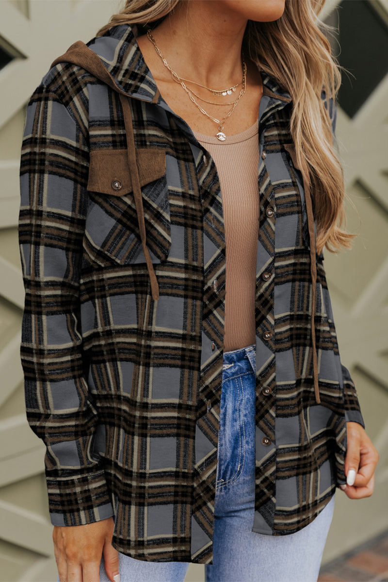 Bluing Contrast Hooded Drawstring Plaid Shacket