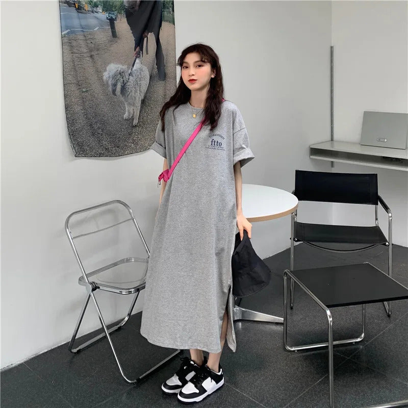 1 Piece plus Size WOMEN'S Loose Split Knee-length T-shirt Dress Casual Simple Fashionable Letter Print Nightgowns