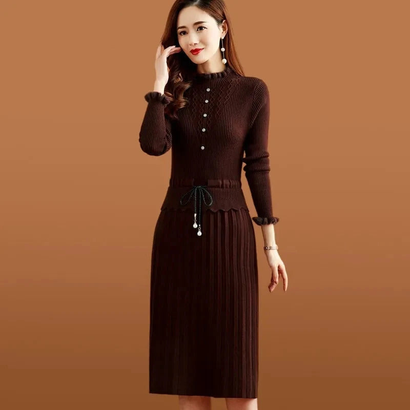 Pleated Knitted Dress Bottoming Sweater Dresses Fake Two Pieces Women Vintage Elegant Long Sleeve Fall Casual Slim Midi Vestidos