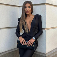 Mozision Deep V Neck Long Sleeve Skinny Jumpsuits Women Rompers Elegant Black High Waist Ruched Slim Sexy Jumpsuit Outfits