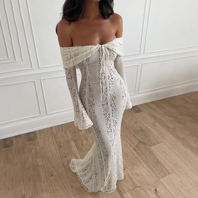 White Off Shoulder See-through Lace Up Maxi Dress Women Flared Long Sleeves Chest Wrapped Dresses Summer Elegant Seaside Gowns