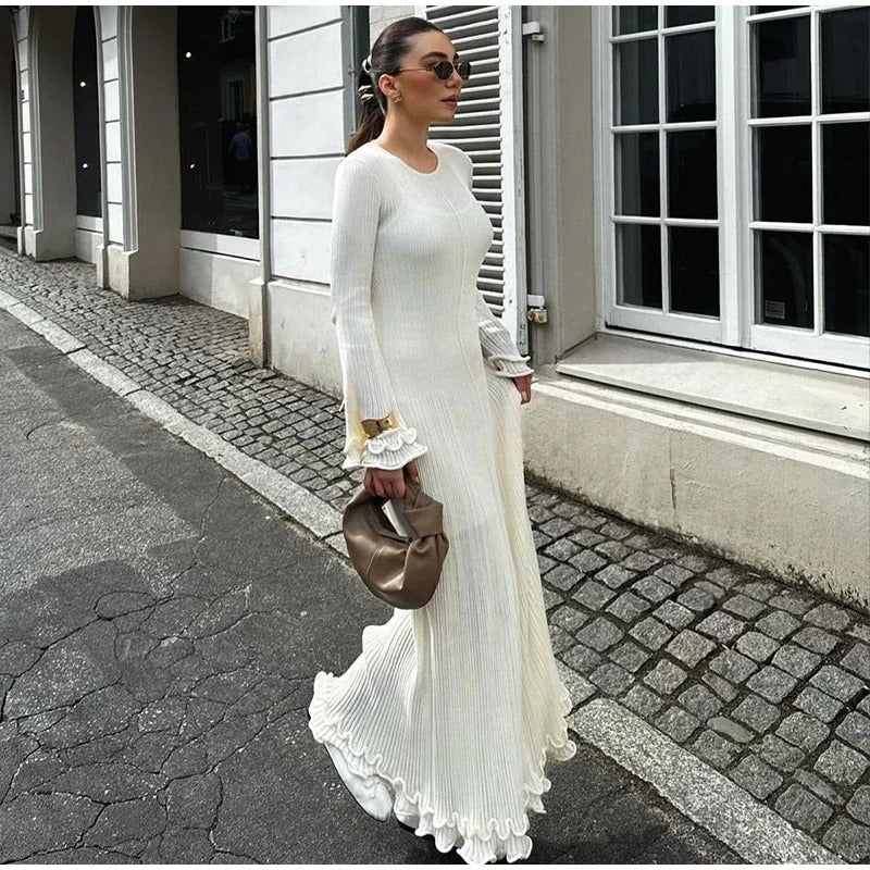 Women Elegant Ruffle Hem Knit White Long Dress O-neck Flare Long Sleeve Backless Bandage Dresses 2024 New Evening Party Robes