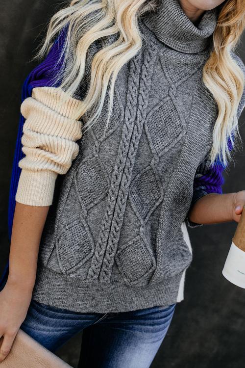 Gray Colorblock Cable Knit Sweater