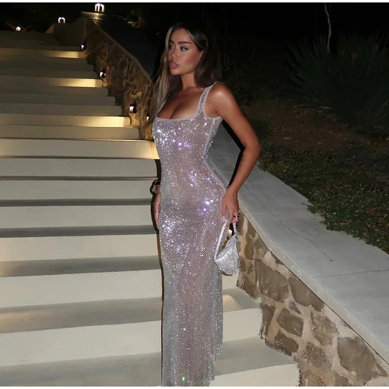 Women Chic Sequin Glitter Long Sling Dress Sexy Slim Sleeveless Backless Maxi Dresses Lady Fashion Elegant Party Evening Robes