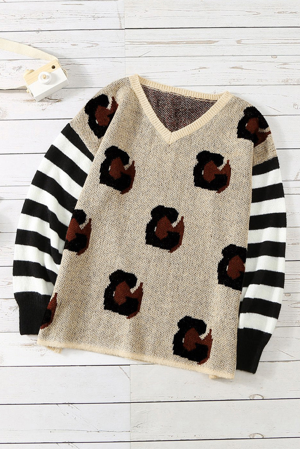 Striped Sleeves Patchwork Leopard Sweater