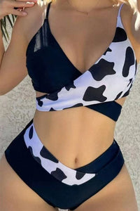 Black Contrast Cow Pattern Crossed Bikini