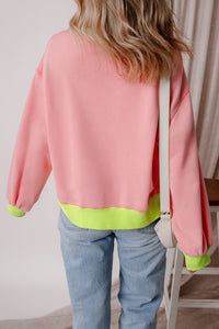 Pink Teacher Lightning Checkered Print Color Block Sweatshirt