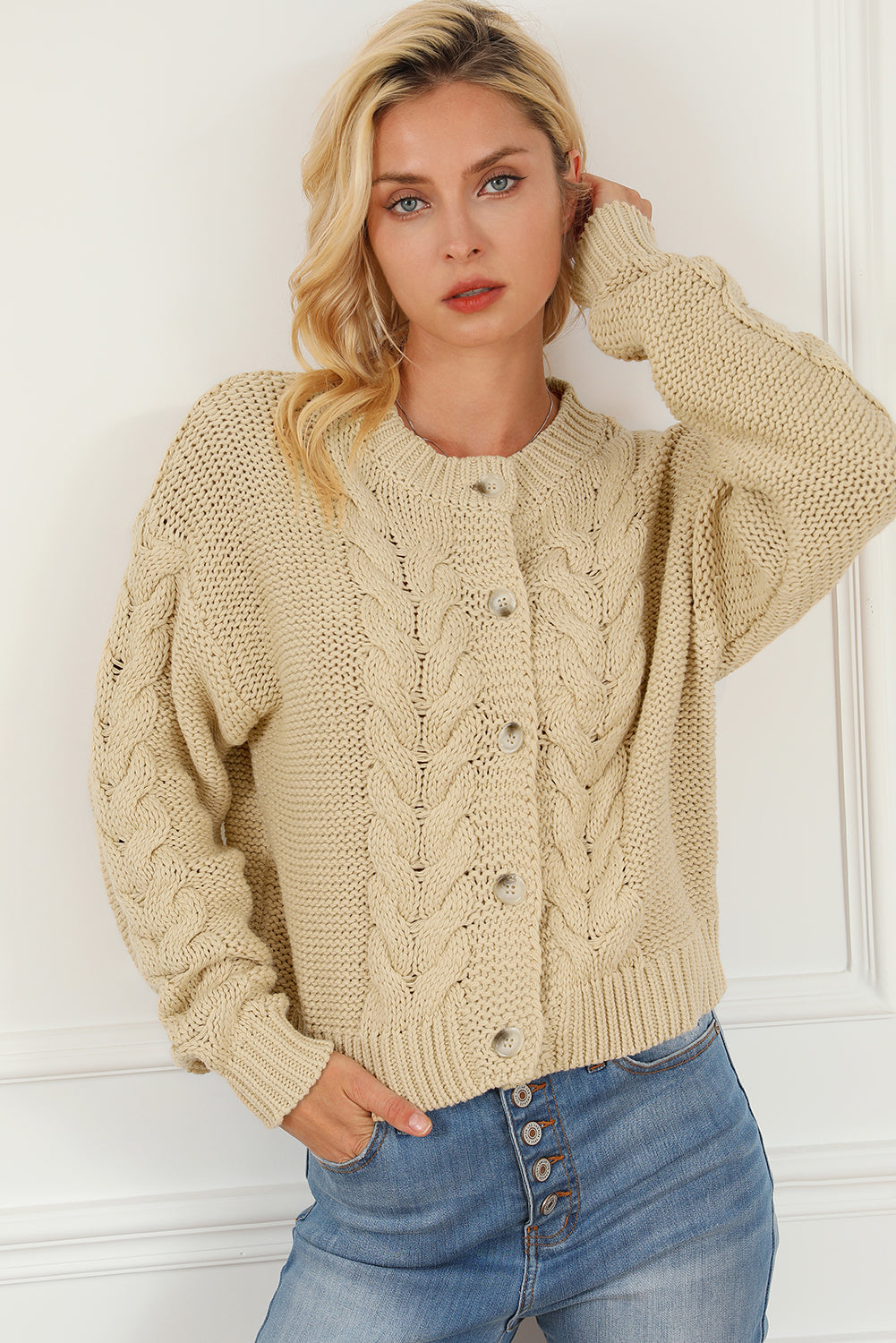 Apricot Cable Knit Buttoned Cardigan