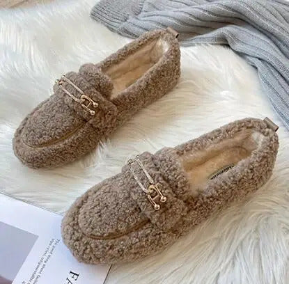 Luxury Sheep Fur Lined Loafers Women Lambswool Shoes Ladies Winter Slip On Furry Flats Cotton Wool Mocasine Femme Barefoot Boots