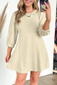 Beige Ribbed Knit Puff Sleeve Flared Mini Dress