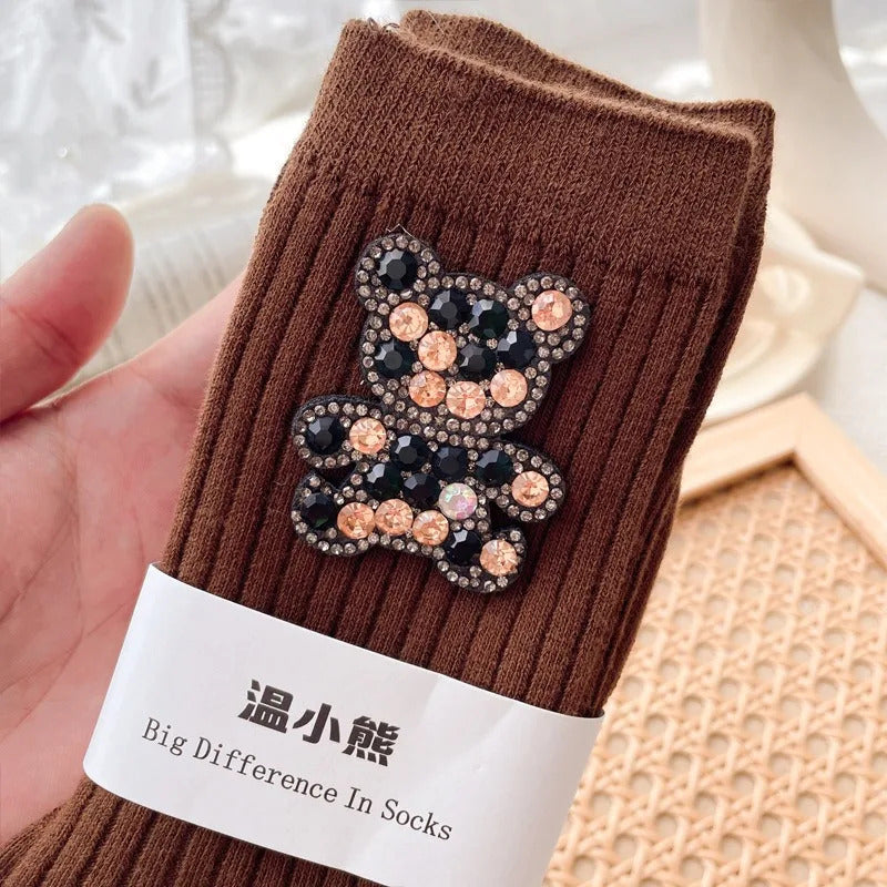 Diamond Cartoon Bear Decorative Socks, Fashionable Diamond Sparkling Women's Socks, Comfortable And Breathable Christmas Socks