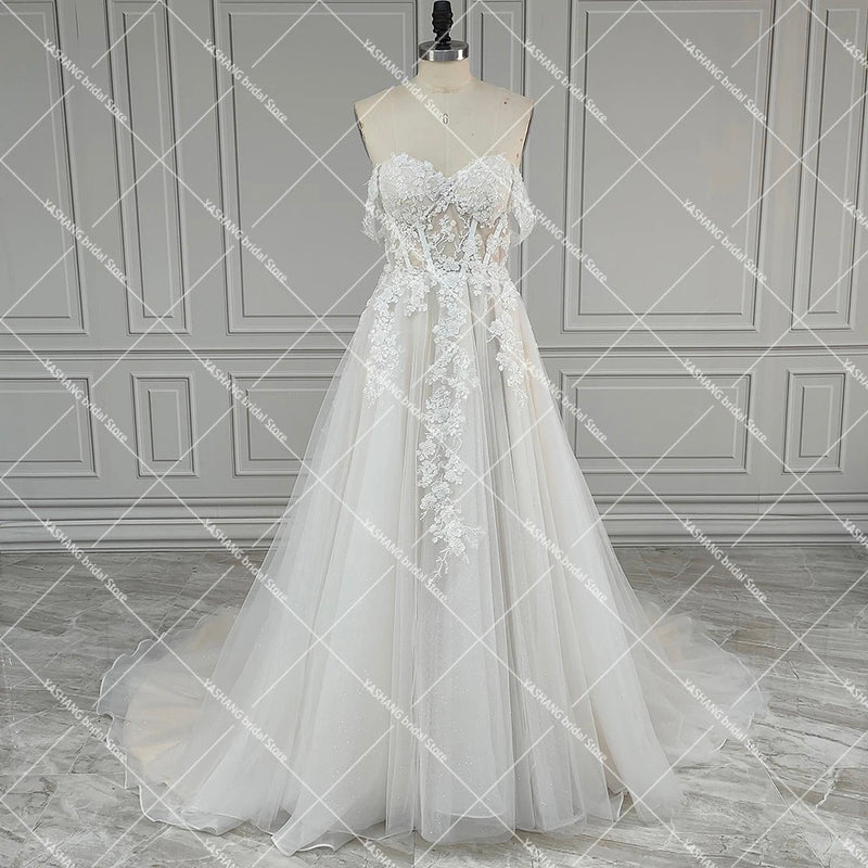 Luxe Shimmer Tulle Off Shoulder Wedding Dress with Embroidered 3D Flowers Sweetheart Puffy Lace Up Customized Bridal Gowns