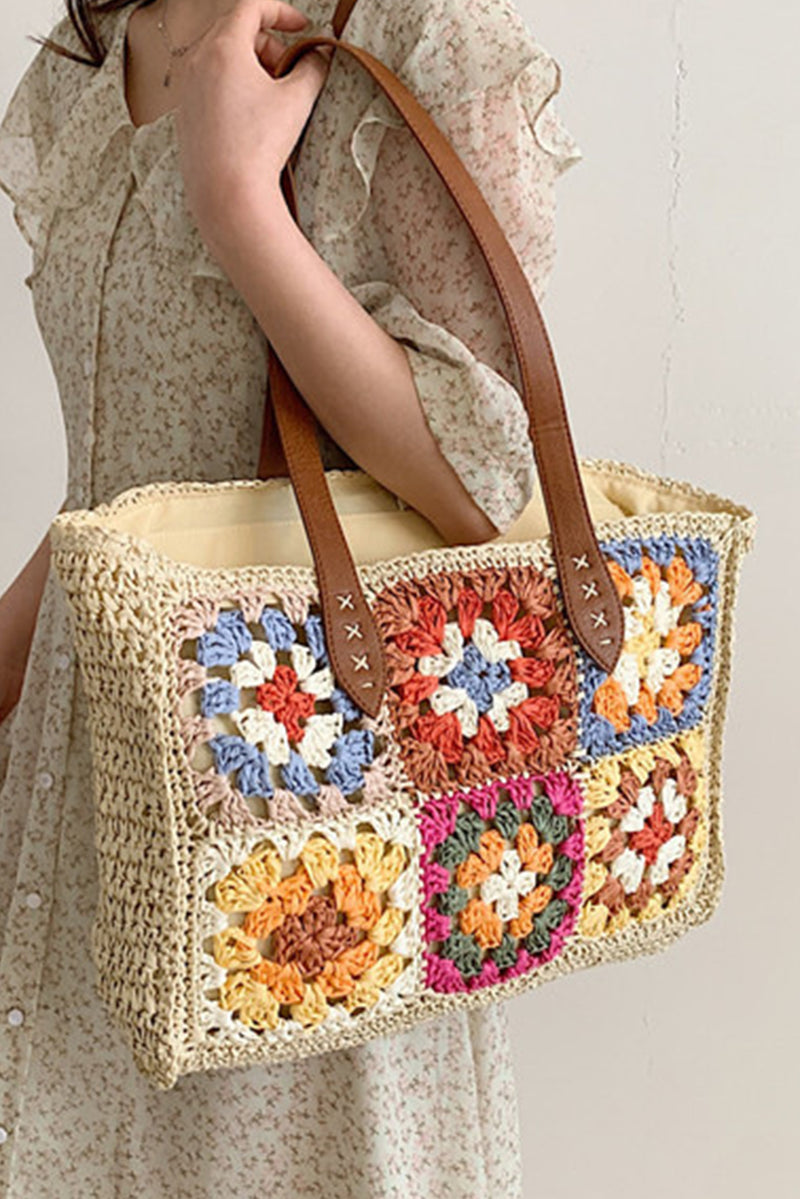 Beige Floral Crochet Large Square Tote Bag