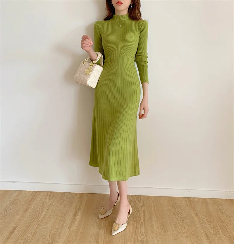 Autumn Winter 2023 Slim Long Sleeve Party Midi Dress for Women Knitted Half High Collar Elegant Knitted Sweater Dresses Ladies