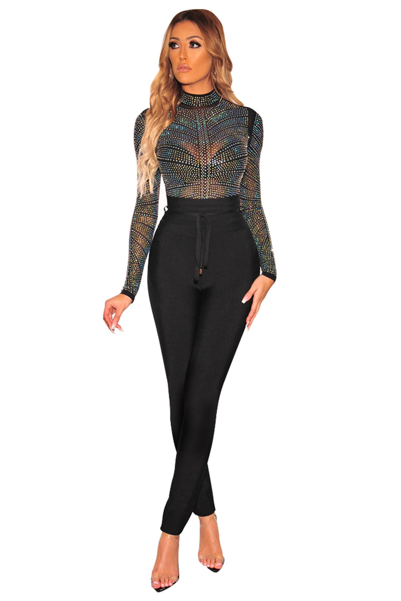 Black Iridescent Silver Rhinestone Studded Mock Neck Bodysuit