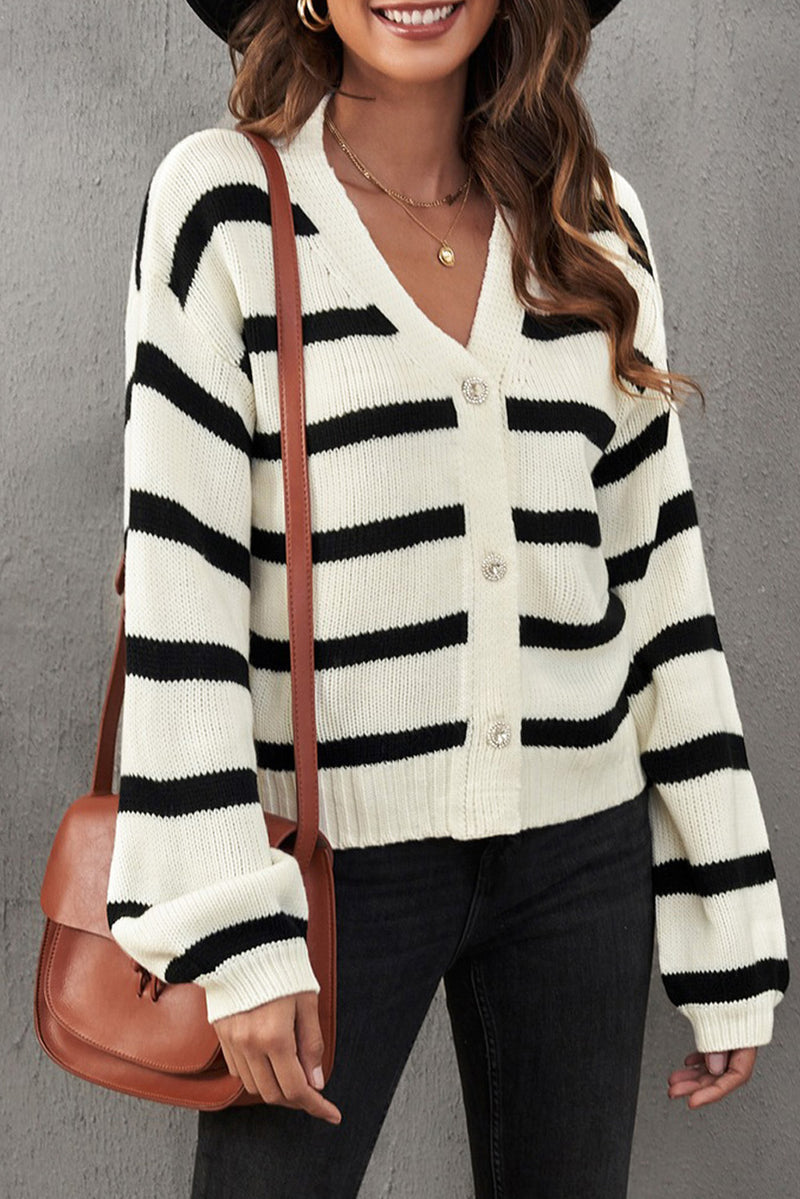 Striped V-Neck Buttoned Open Front Knitted Sweater