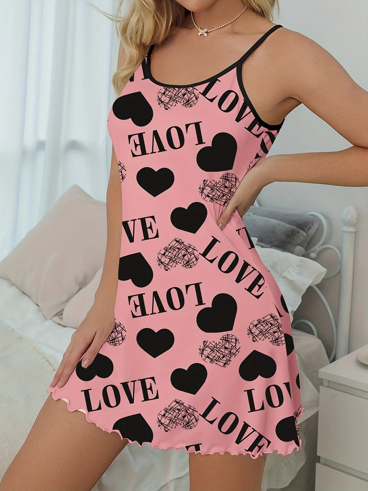 1 Piece Casual & Comfy Heart & Letter Print Nightdress, Lettuce Trim Sexy Slip Short Nightdress, Women's Sleepwear & Dresses