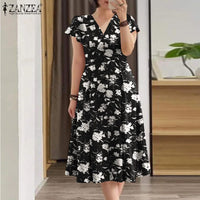 ZANZEA Ruffle Sleeve V Neck Party Sundress Casual Women 2024 Summer Cinch Waist A-line Vestidos Floral Print Fashion Midi Dress