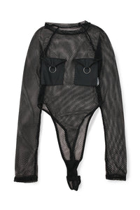 Black Fishnet Pocketed Long Sleeve High Cut Bodysuit