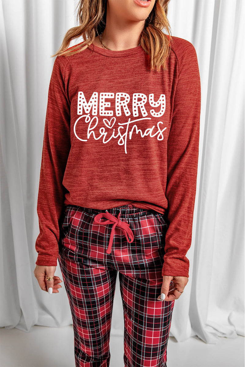 Fiery Red MERRY Christmas Graphic Top Plaid Pants Set