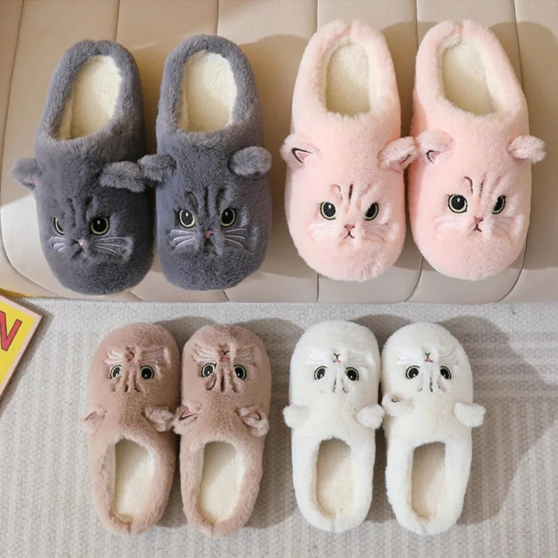 2024 New Cute Cat Slippers Fluffy Furry Women Home Slippers Men Winter Plush Slides Indoor Fuzzy Slippers Lovely Cotton Shoes