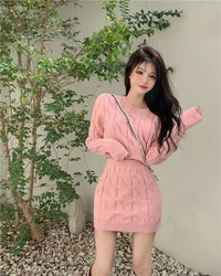 Two Piece OF Pullover Autumn/Winter Knitted Sweater Set Pure Desire Short Sweater Sexy Spicy Girl Arm Wrap Skirt Sweater Female