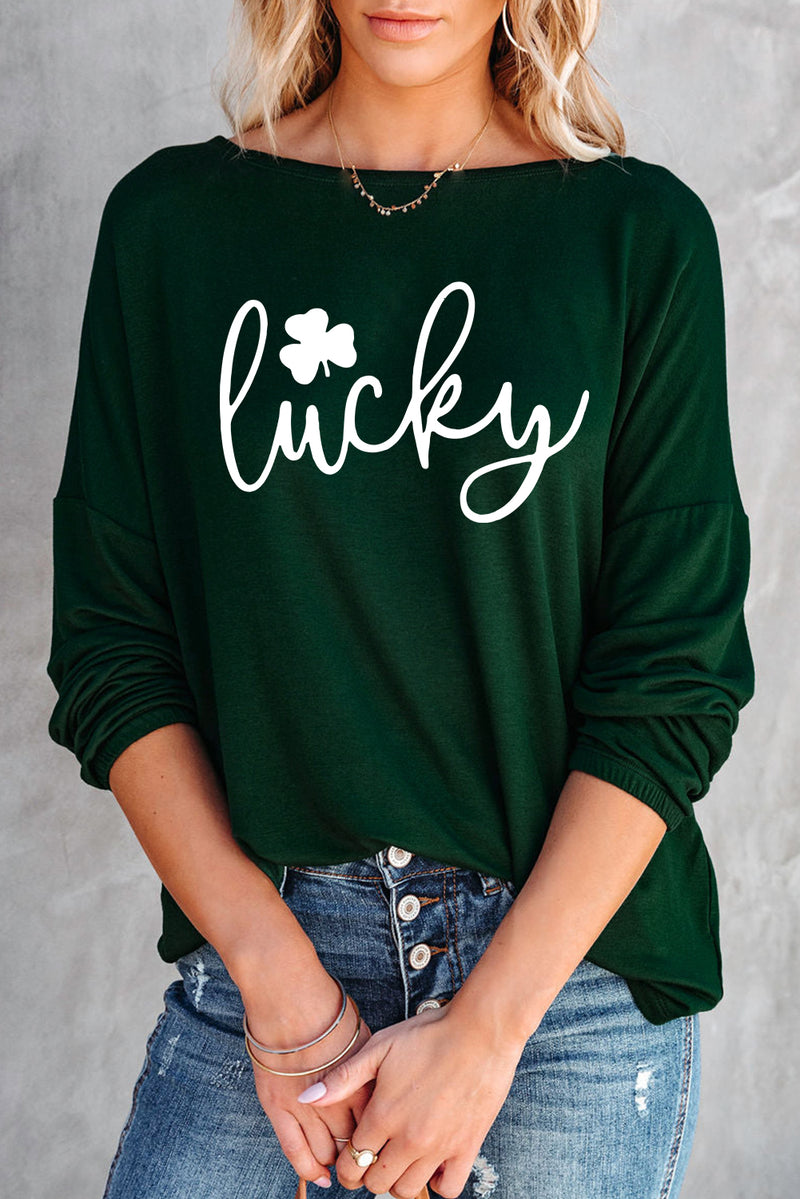 Green Lucky Clover Graphic Print Long Sleeve Top