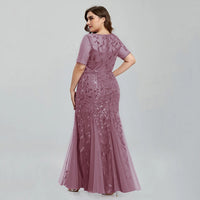 Women Plus Size Sequin Mesh Embroidery Mermaid  Evening Dress Formal Short Sleeve Elegant Party Prom Gowns 2020 New Long Dress