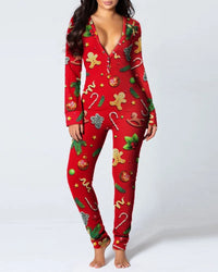 Sexy Pyjama Women's Jumpsuit Suit Button-down Front Back Butt Bum open Ass Flap Jumpsuit Loungewear Christmas Print Buttoned